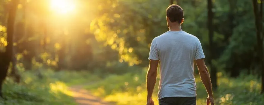 Person walking along a peaceful tree-lined path in the morning
